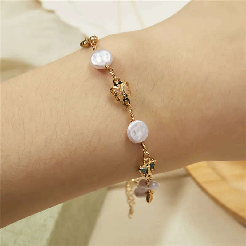 Exquisite Boho Candy Color Heart Shaped Crystal Bracelet for Women Fashion Charm Zircon Butterfly Pearl Metal Chain Bracelets - KIMLUD