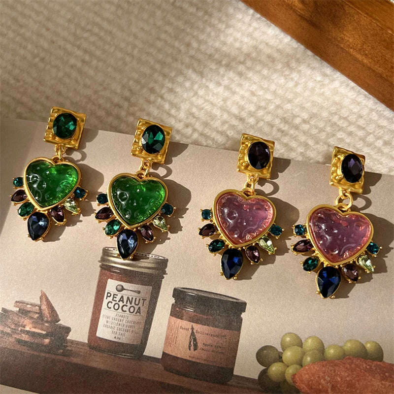 KIMLUD, Exquisite Women Girls Vintage Palace Heart Crystal Earrings Lady Fashion Baroque Style Luxury Exaggerated Ear Rings Accessories, KIMLUD Womens Clothes