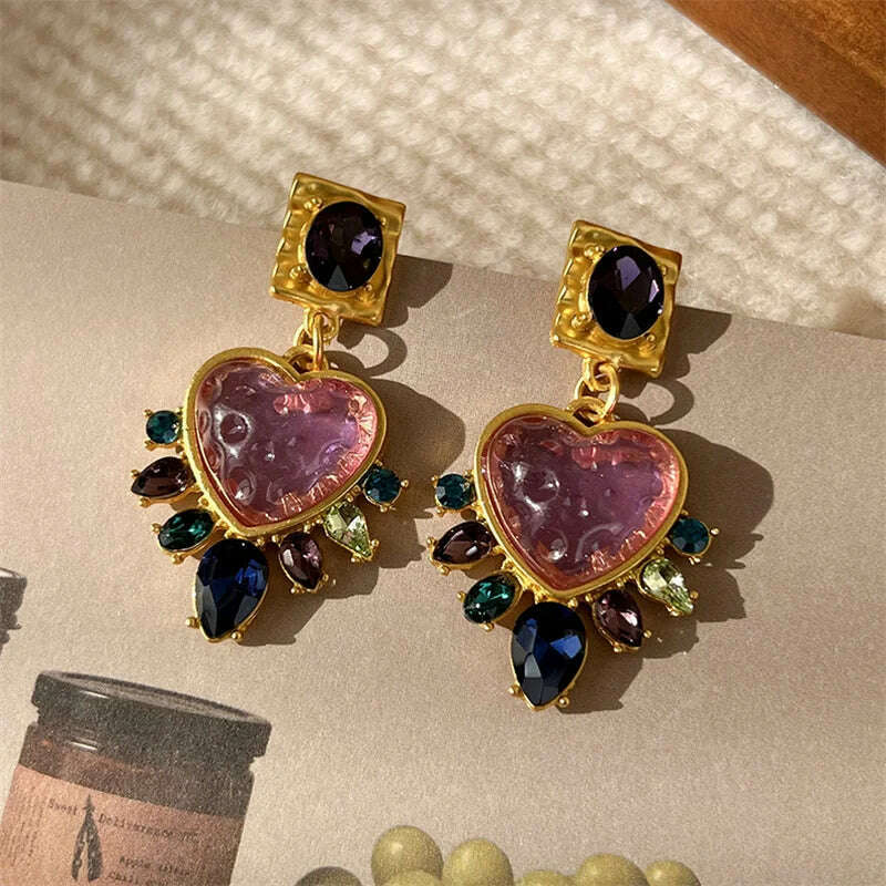 KIMLUD, Exquisite Women Girls Vintage Palace Heart Crystal Earrings Lady Fashion Baroque Style Luxury Exaggerated Ear Rings Accessories, Pink, KIMLUD APPAREL - Womens Clothes