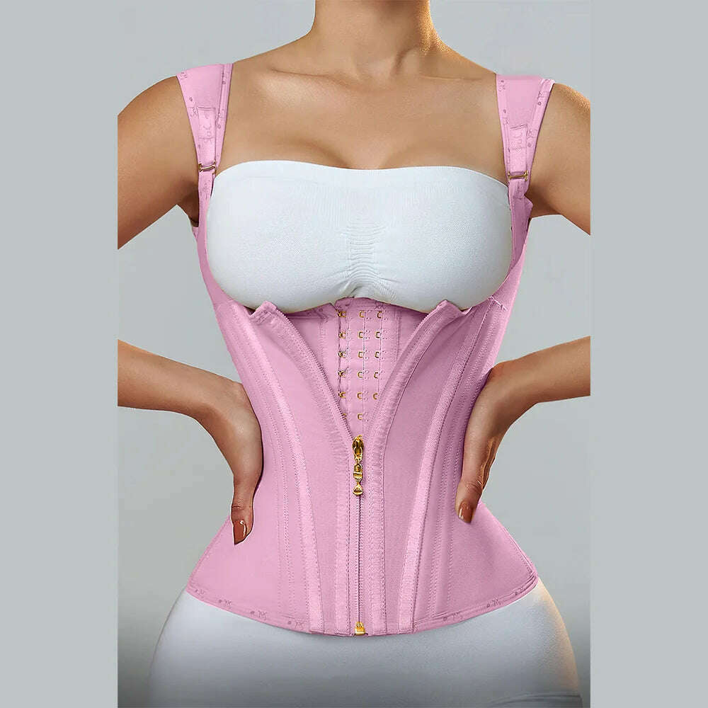 KIMLUD, Fajas Colombianas Women Double Compression Waist Trainer Corset with Bone Adjustable Zipper and Hook-eyes Flat Belly Body Shaper, Pink / XS, KIMLUD APPAREL - Womens Clothes