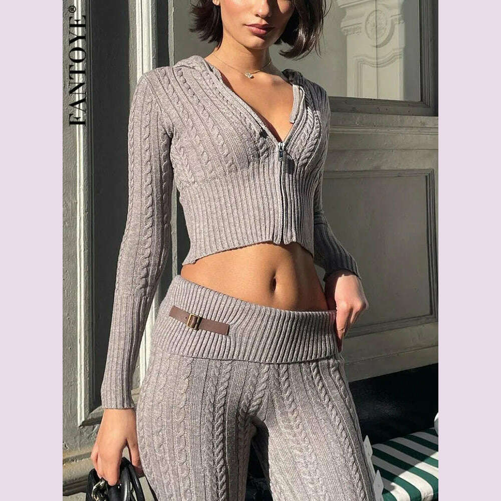 Fantoye Knitted Long Sleeve Zipper Hooded Women Two Piece Sets Thicken Sweater Skinny Long Pant Suit Solid Casual Sweatshirt Set - KIMLUD