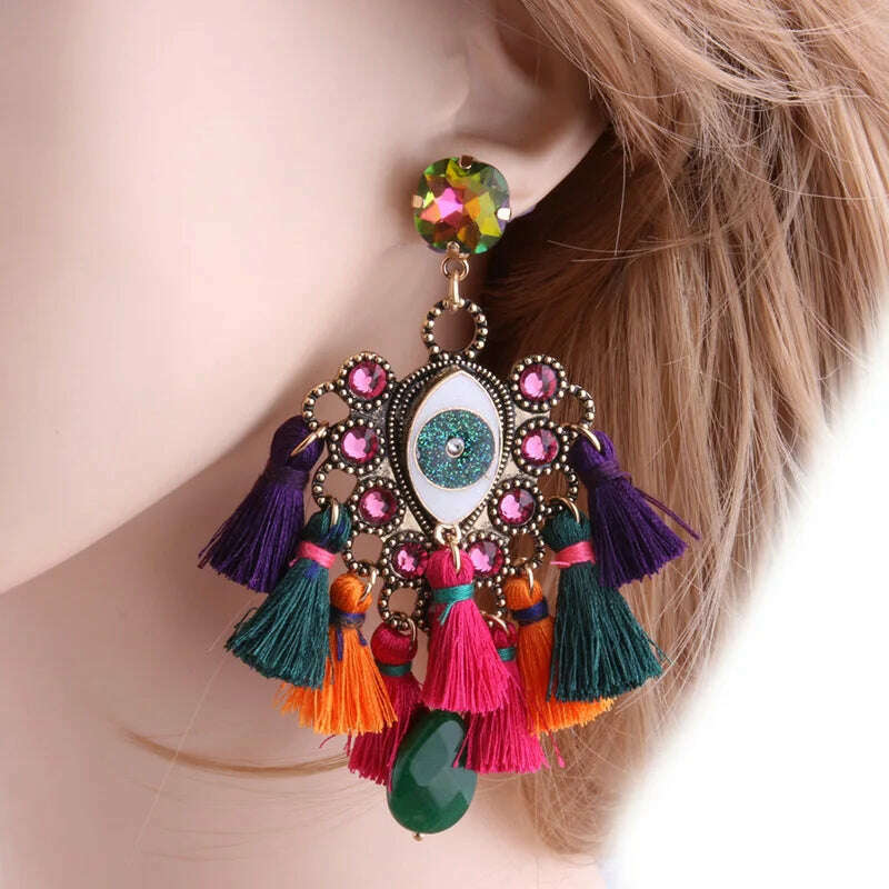 KIMLUD, Fashion Big Earrings Metal Dangle Bohemian Eye Tassel Earrings Crystal Large Retro Long Brinco Ear Oorbellen Jewelry Wholesale, KIMLUD Womens Clothes