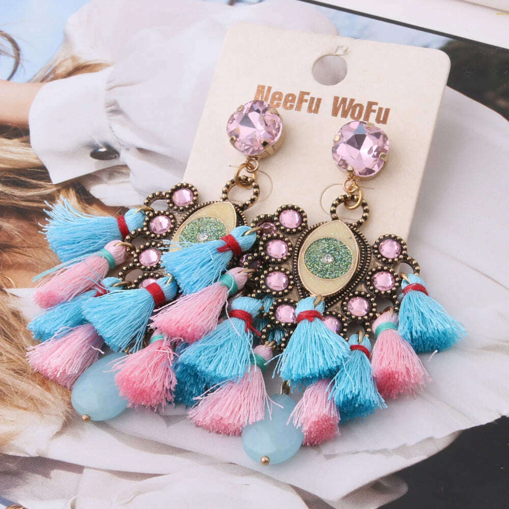 KIMLUD, Fashion Big Earrings Metal Dangle Bohemian Eye Tassel Earrings Crystal Large Retro Long Brinco Ear Oorbellen Jewelry Wholesale, lake blue pink28, KIMLUD APPAREL - Womens Clothes