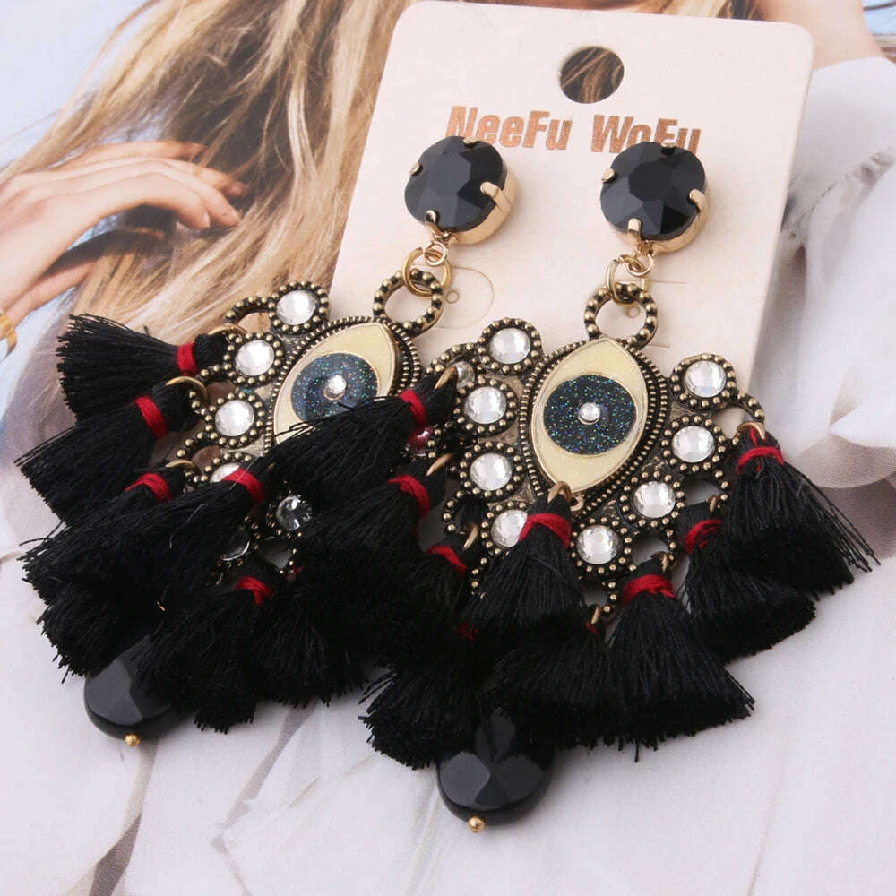 KIMLUD, Fashion Big Earrings Metal Dangle Bohemian Eye Tassel Earrings Crystal Large Retro Long Brinco Ear Oorbellen Jewelry Wholesale, black29, KIMLUD APPAREL - Womens Clothes