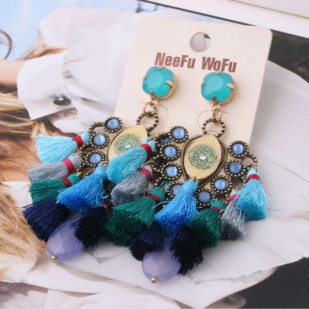 KIMLUD, Fashion Big Earrings Metal Dangle Bohemian Eye Tassel Earrings Crystal Large Retro Long Brinco Ear Oorbellen Jewelry Wholesale, blue30, KIMLUD APPAREL - Womens Clothes