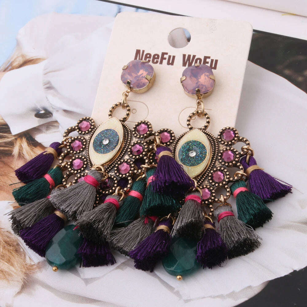 KIMLUD, Fashion Big Earrings Metal Dangle Bohemian Eye Tassel Earrings Crystal Large Retro Long Brinco Ear Oorbellen Jewelry Wholesale, purple green34, KIMLUD APPAREL - Womens Clothes