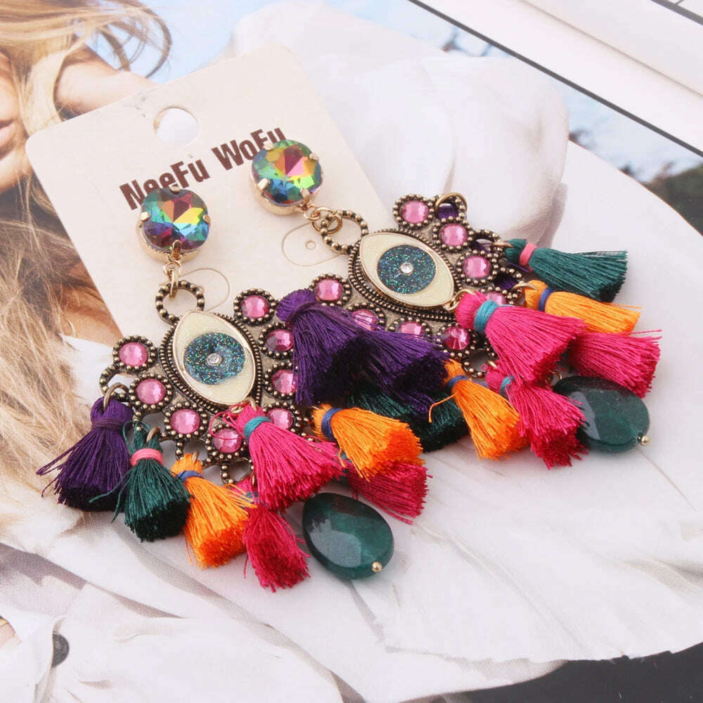 KIMLUD, Fashion Big Earrings Metal Dangle Bohemian Eye Tassel Earrings Crystal Large Retro Long Brinco Ear Oorbellen Jewelry Wholesale, rose green orange48, KIMLUD APPAREL - Womens Clothes