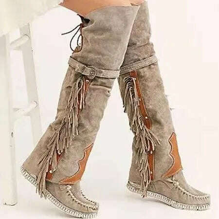 Fashion Bohemia Knee-length Women Boots Ethnic Personality High Boot Tassels Faux Suede Boots Girl Flat Bottom Long Botas Mujer - KIMLUD