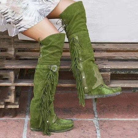 Fashion Bohemia Knee-length Women Boots Ethnic Personality High Boot Tassels Faux Suede Boots Girl Flat Bottom Long Botas Mujer - KIMLUD