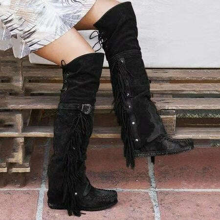 Fashion Bohemia Knee-length Women Boots Ethnic Personality High Boot Tassels Faux Suede Boots Girl Flat Bottom Long Botas Mujer - KIMLUD