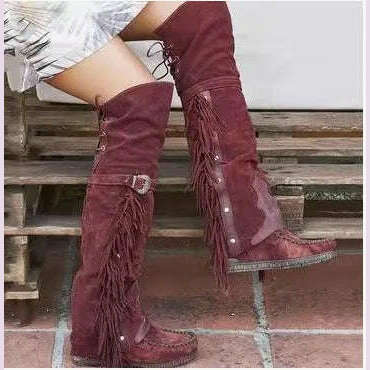 Fashion Bohemia Knee-length Women Boots Ethnic Personality High Boot Tassels Faux Suede Boots Girl Flat Bottom Long Botas Mujer - KIMLUD