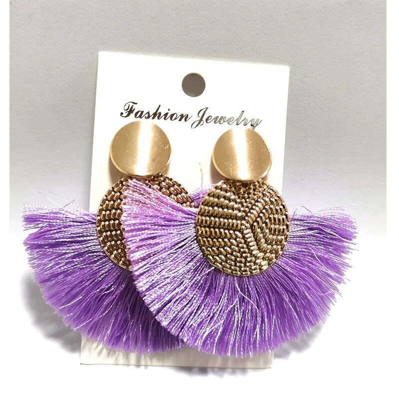 KIMLUD, Fashion Bohemian Big Tassel Dangle White Fringe Female Earrings Drop Earrings for Women Statement Wedding 2023 Jewelry, PURPLE 1, KIMLUD APPAREL - Womens Clothes