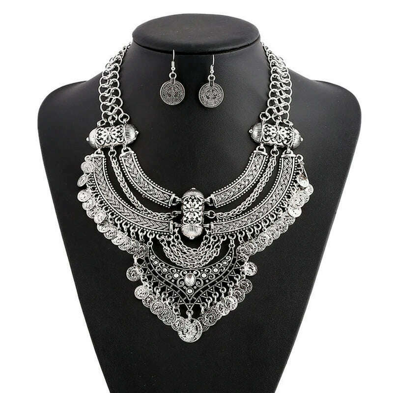 Fashion Choker Collar Jewelry Sets For Women Coin Tassel Ethnic Gypsy Bohemian Statement Collier Necklaces Drop Dangle Earrings - KIMLUD