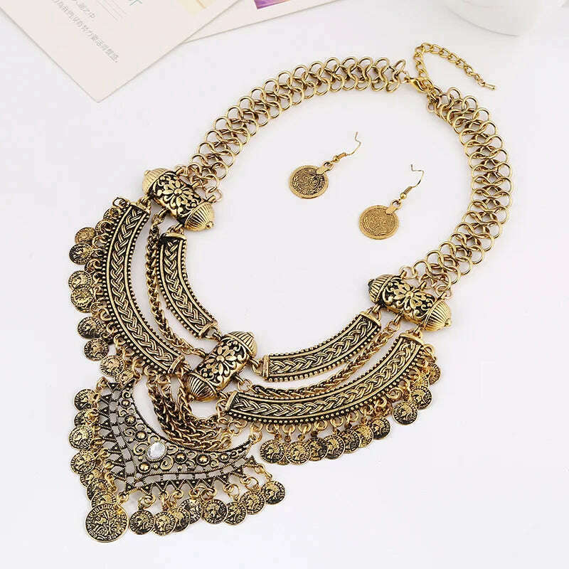 KIMLUD, Fashion Choker Collar Jewelry Sets For Women Coin Tassel Ethnic Gypsy Bohemian Statement Collier Necklaces Drop Dangle Earrings, KIMLUD Womens Clothes