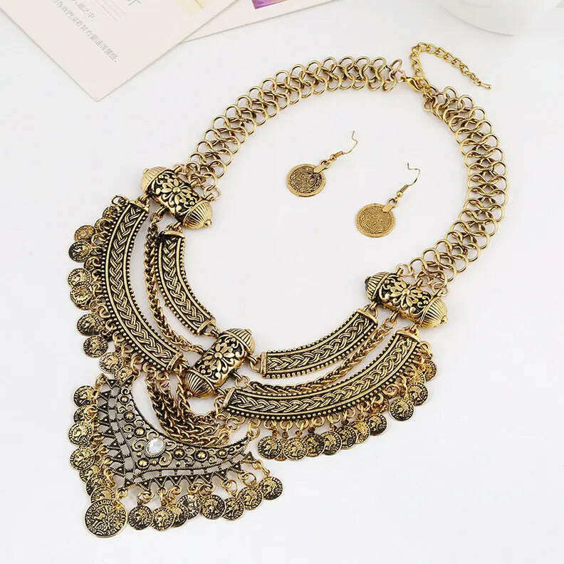 Fashion Choker Collar Jewelry Sets For Women Coin Tassel Ethnic Gypsy Bohemian Statement Collier Necklaces Drop Dangle Earrings - KIMLUD