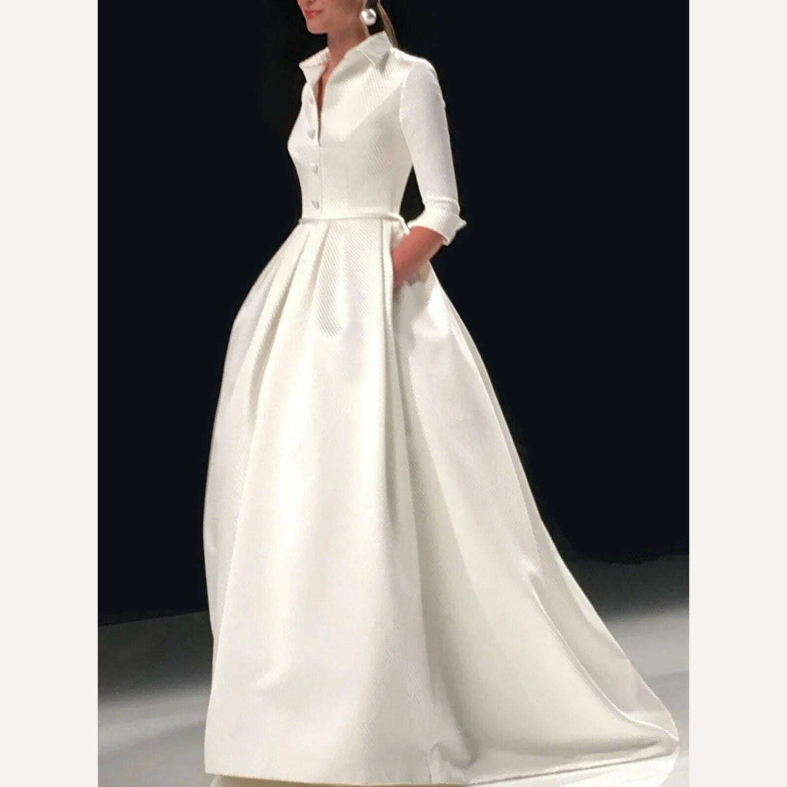 KIMLUD, Fashion Elegant Long Dress for Women Solid Color Party Evening Bridesmaid Pockets Turndown Collar Maxi Dress Vestidos de gala, White / XXL / CHINA, KIMLUD APPAREL - Womens Clothes