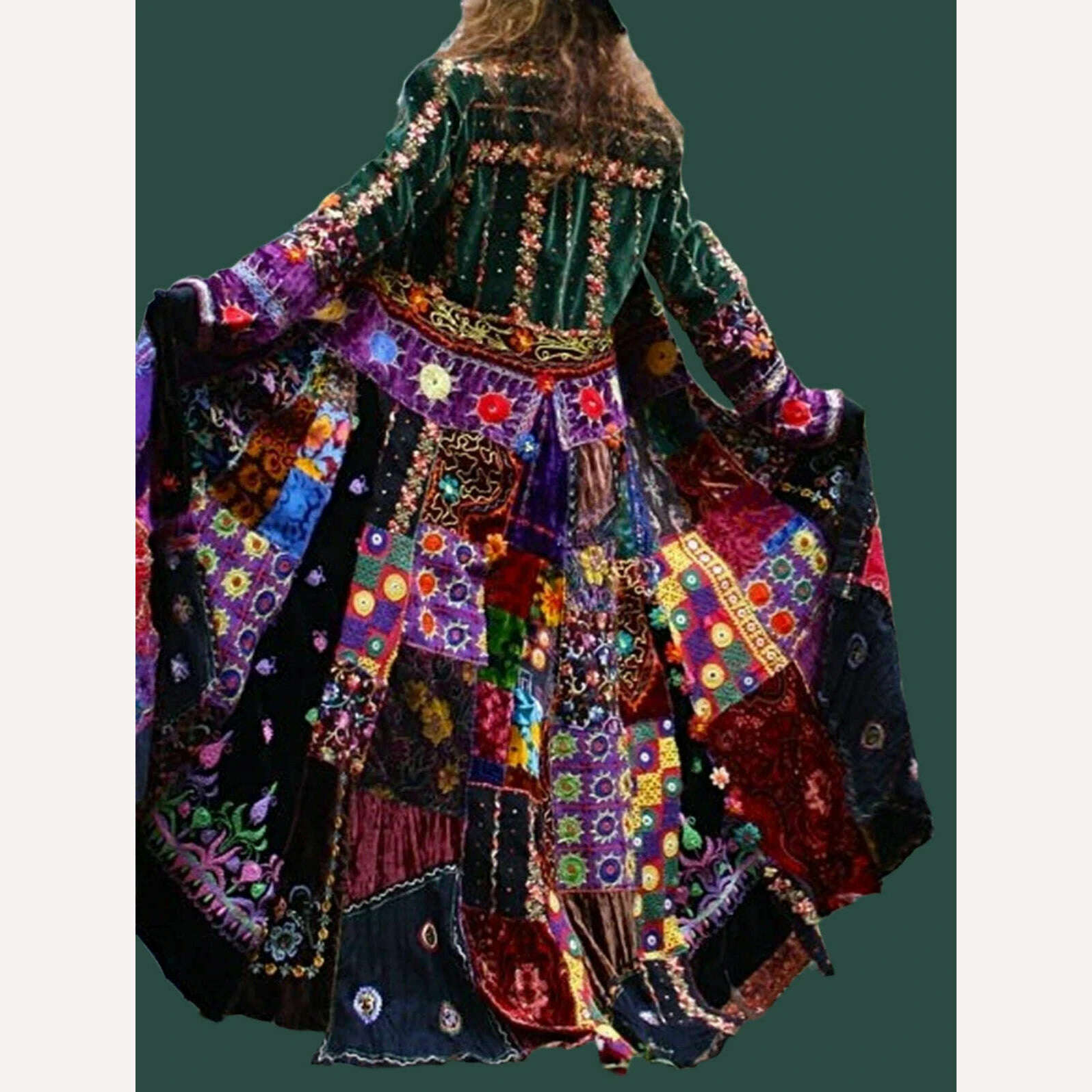 KIMLUD, Fashion Elegant Velvet Boho Lapel Color Block Coat Dress Casual Loose Patchwork Print Retro Robe Women's 2024 Summer Clothing, Green / XXL / CHINA, KIMLUD APPAREL - Womens Clothes