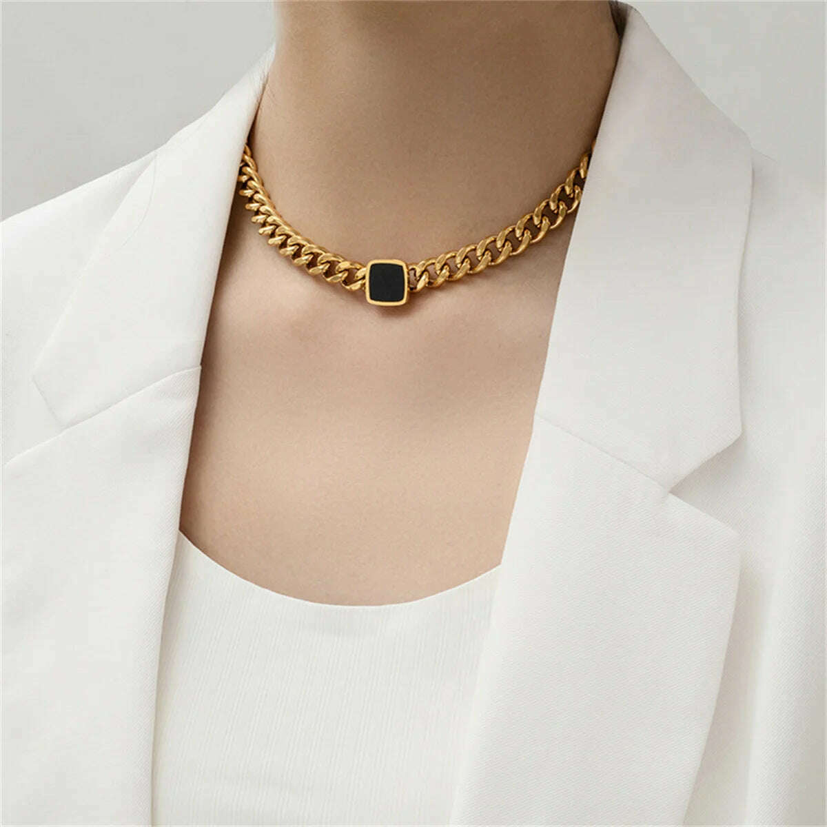 KIMLUD, Fashion Jewelry Personalized and Exaggerated Titanium Steel Thick Chain Necklace Versatile Black Square Pendant For Women, KIMLUD Womens Clothes