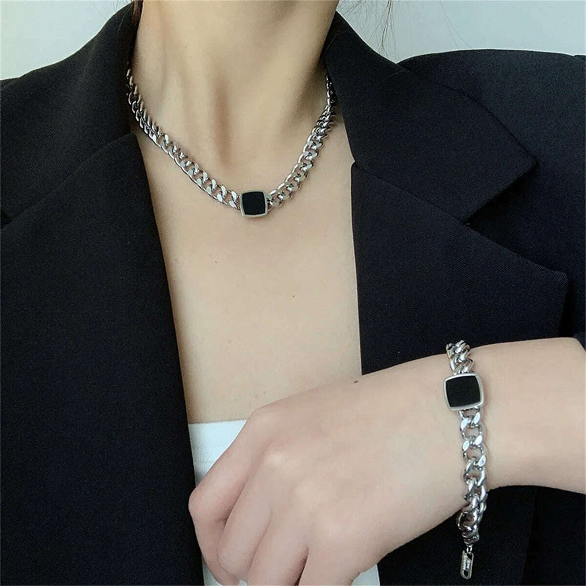 KIMLUD, Fashion Jewelry Personalized and Exaggerated Titanium Steel Thick Chain Necklace Versatile Black Square Pendant For Women, 0609-Silver A Set, KIMLUD APPAREL - Womens Clothes