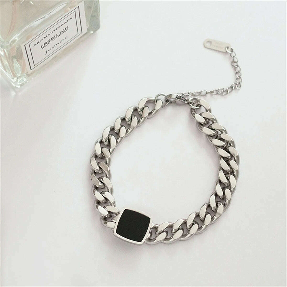 KIMLUD, Fashion Jewelry Personalized and Exaggerated Titanium Steel Thick Chain Necklace Versatile Black Square Pendant For Women, 0609 Silver Bracelet, KIMLUD APPAREL - Womens Clothes