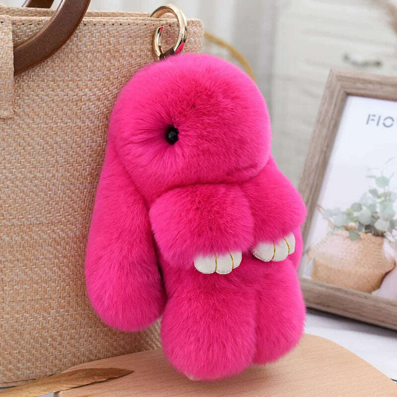 KIMLUD, Fashion  Pendant Bag Car Charm Tag Cute Mini Rabbit Toy Doll Real Fur Monster Keychains 100% Real Genuine Rex Rabbit Fur Keychai, rose red / 15 cm, KIMLUD APPAREL - Womens Clothes