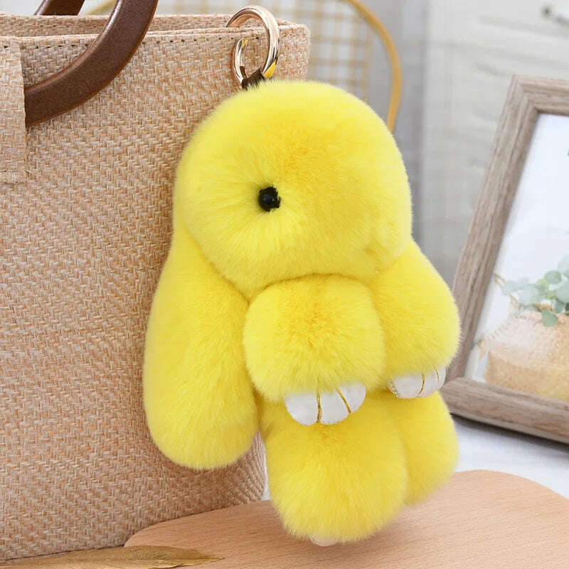 KIMLUD, Fashion  Pendant Bag Car Charm Tag Cute Mini Rabbit Toy Doll Real Fur Monster Keychains 100% Real Genuine Rex Rabbit Fur Keychai, yellow / 13 cm, KIMLUD APPAREL - Womens Clothes