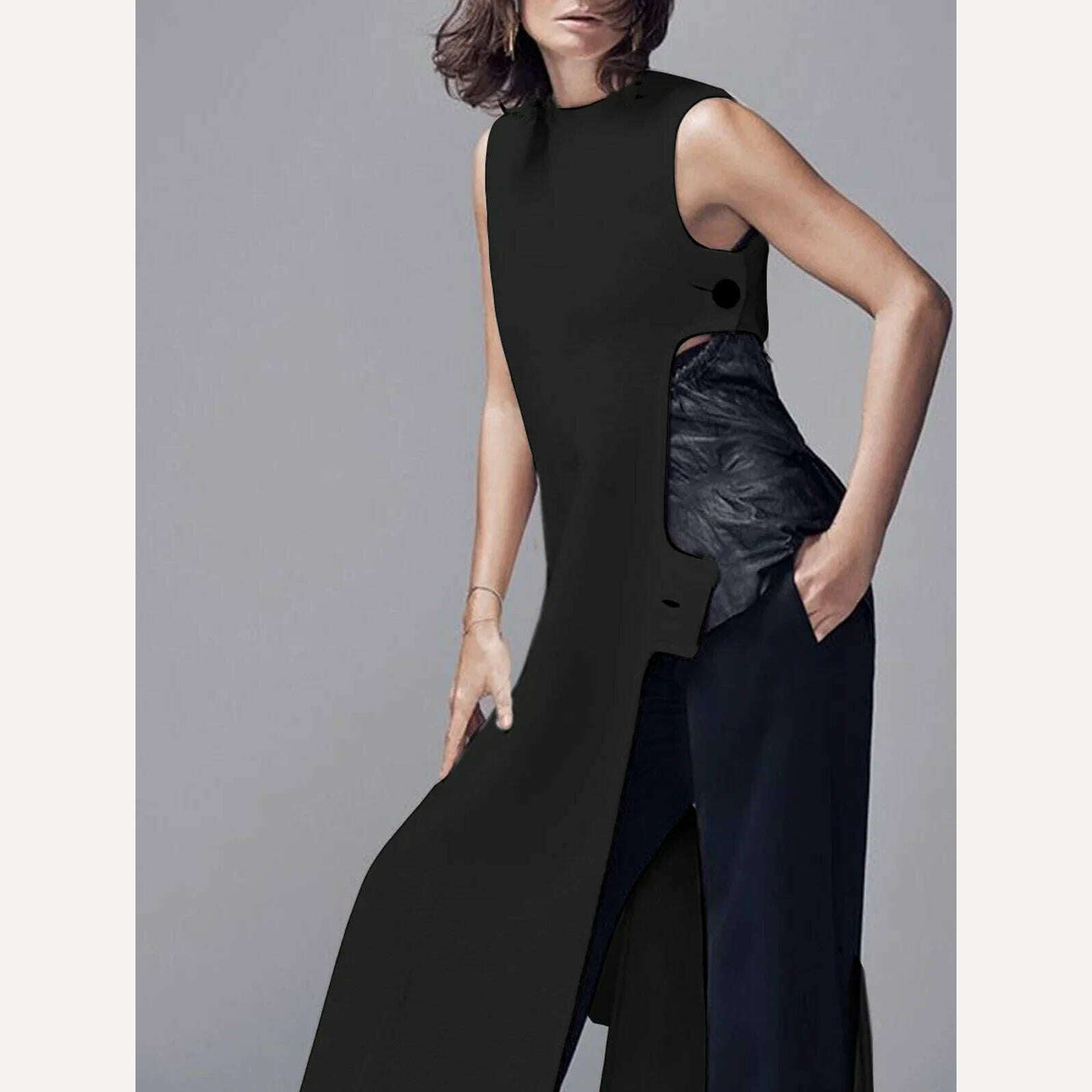 Fashion Plain Crew Neck Sleeveless Button Slit Dress Sexy Vintage Casual Chic Summer Slim Single Button High Street Long Dress - KIMLUD