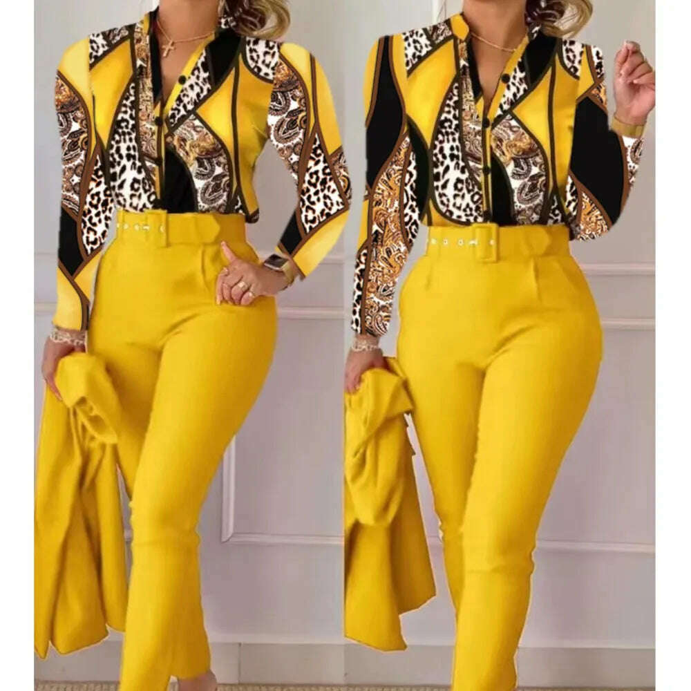 KIMLUD, Fashion Printed Long Sleeved Shirt Women Suit Spring Autumn Slim Fit Shirtlace Up Pencil Pants Elegant Female Office 2 Piece Set, KIMLUD Womens Clothes