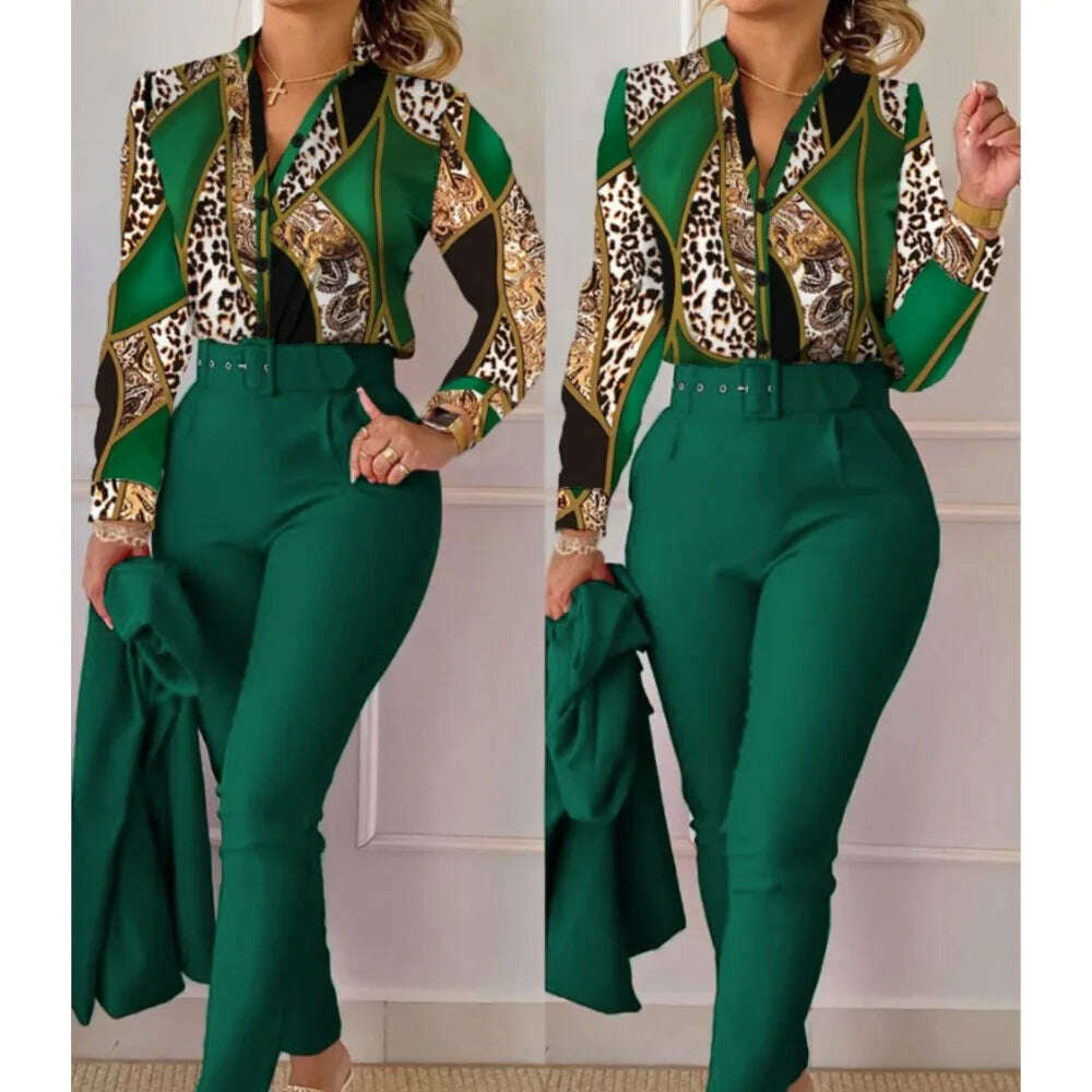 Fashion Printed Long Sleeved Shirt Women Suit Spring Autumn Slim Fit Shirtlace Up Pencil Pants Elegant Female Office 2 Piece Set - KIMLUD