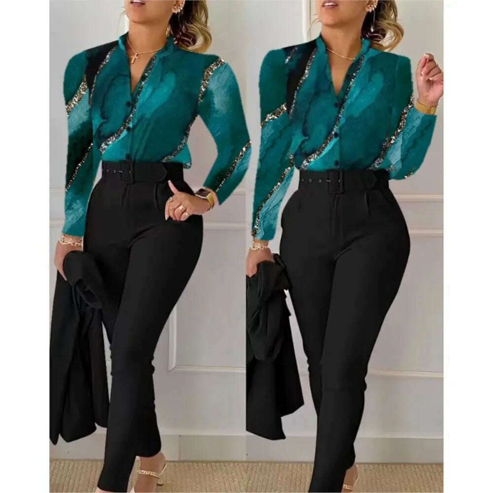 KIMLUD, Fashion Printed Long Sleeved Shirt Women Suit Spring Autumn Slim Fit Shirtlace Up Pencil Pants Elegant Female Office 2 Piece Set, KIMLUD Womens Clothes