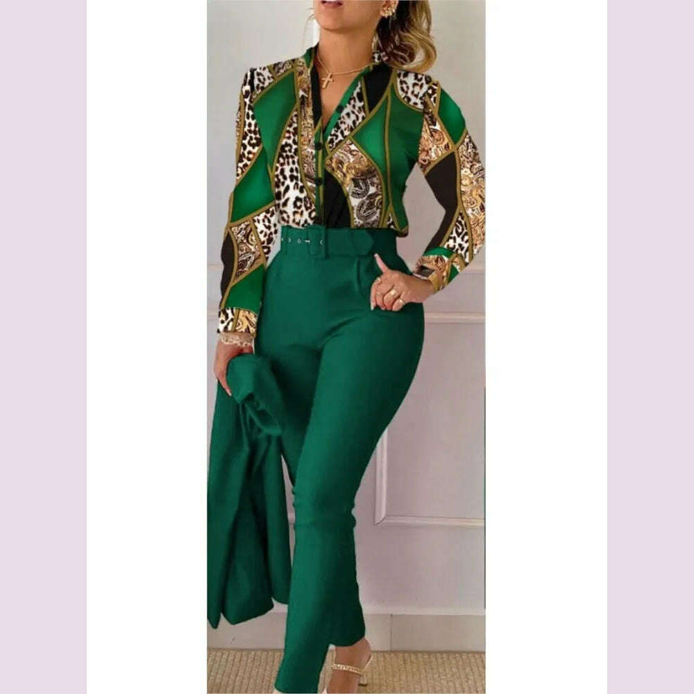 KIMLUD, Fashion Printed Long Sleeved Shirt Women Suit Spring Autumn Slim Fit Shirtlace Up Pencil Pants Elegant Female Office 2 Piece Set, Green / S, KIMLUD APPAREL - Womens Clothes