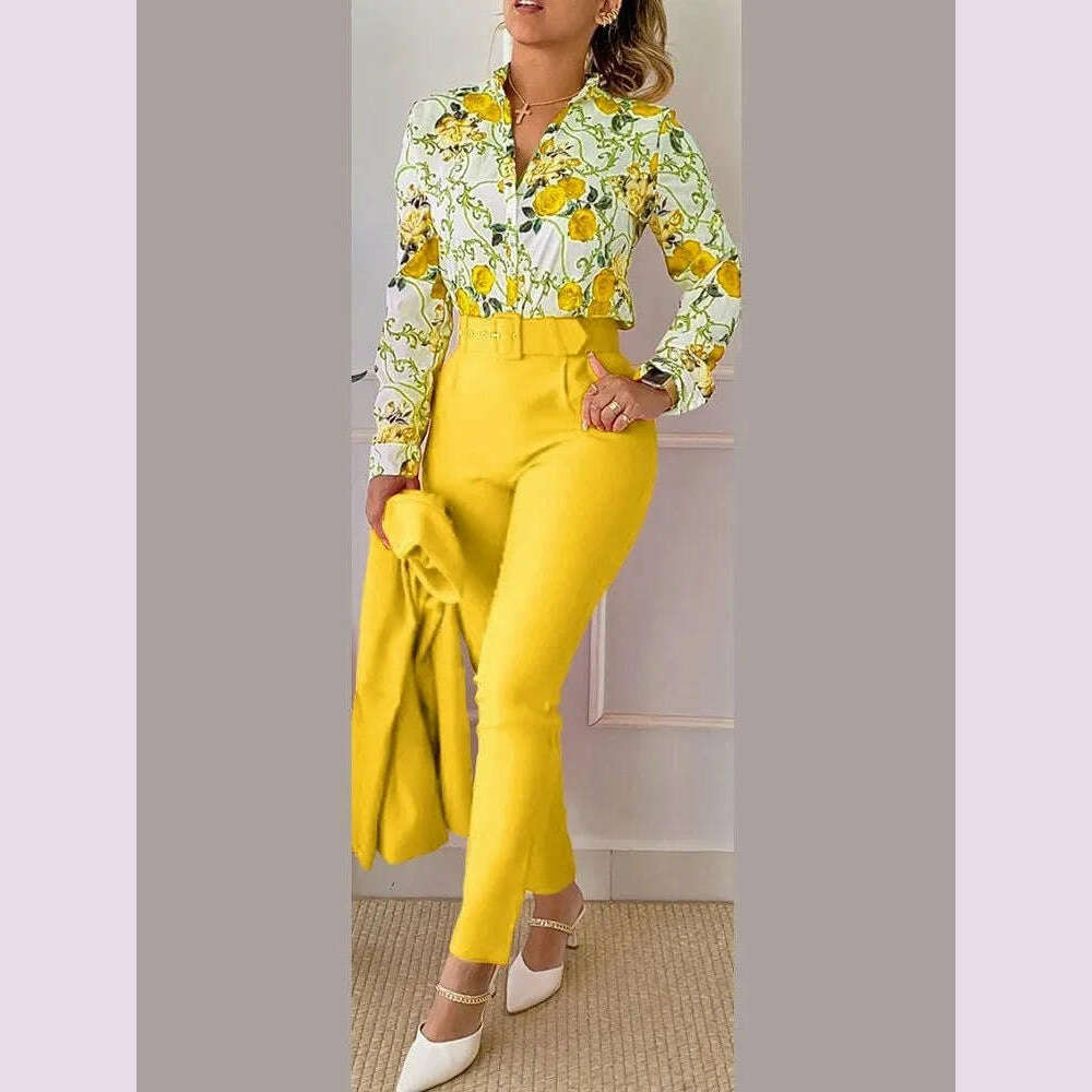 Fashion Printed Long Sleeved Shirt Women Suit Spring Autumn Slim Fit Shirtlace Up Pencil Pants Elegant Female Office 2 Piece Set - KIMLUD