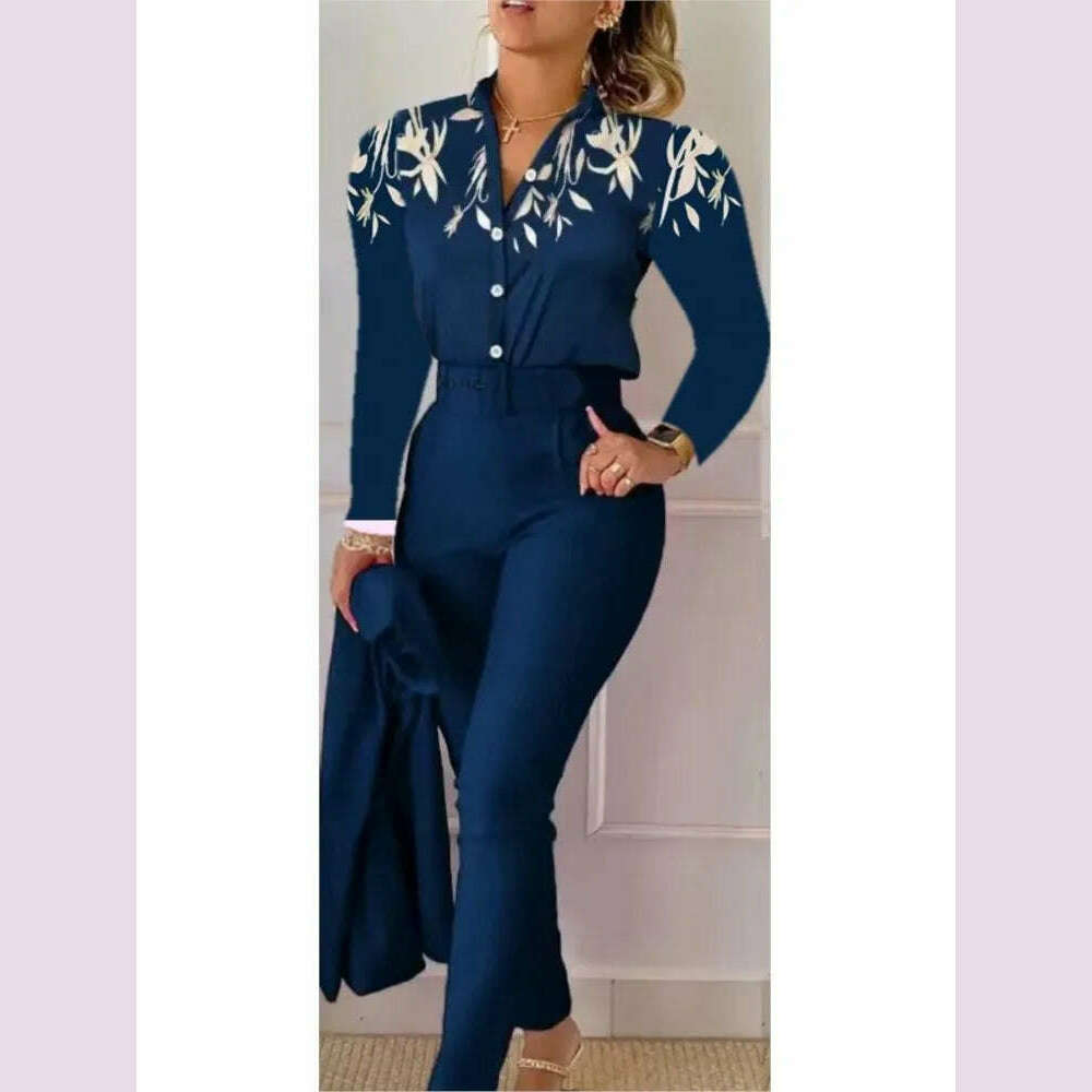 Fashion Printed Long Sleeved Shirt Women Suit Spring Autumn Slim Fit Shirtlace Up Pencil Pants Elegant Female Office 2 Piece Set - KIMLUD