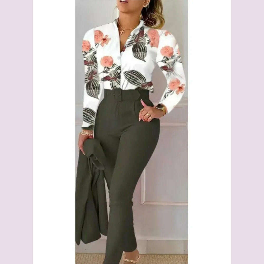 Fashion Printed Long Sleeved Shirt Women Suit Spring Autumn Slim Fit Shirtlace Up Pencil Pants Elegant Female Office 2 Piece Set - KIMLUD