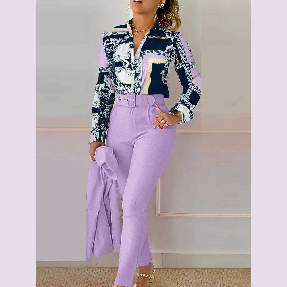 KIMLUD, Fashion Printed Long Sleeved Shirt Women Suit Spring Autumn Slim Fit Shirtlace Up Pencil Pants Elegant Female Office 2 Piece Set, Light Purple / S, KIMLUD APPAREL - Womens Clothes