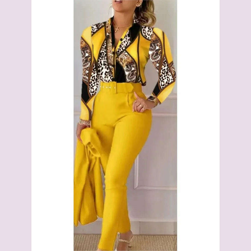 Fashion Printed Long Sleeved Shirt Women Suit Spring Autumn Slim Fit Shirtlace Up Pencil Pants Elegant Female Office 2 Piece Set - KIMLUD