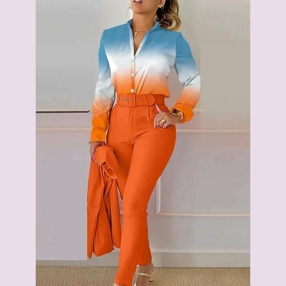 KIMLUD, Fashion Printed Long Sleeved Shirt Women Suit Spring Autumn Slim Fit Shirtlace Up Pencil Pants Elegant Female Office 2 Piece Set, Champagne / XXL, KIMLUD APPAREL - Womens Clothes