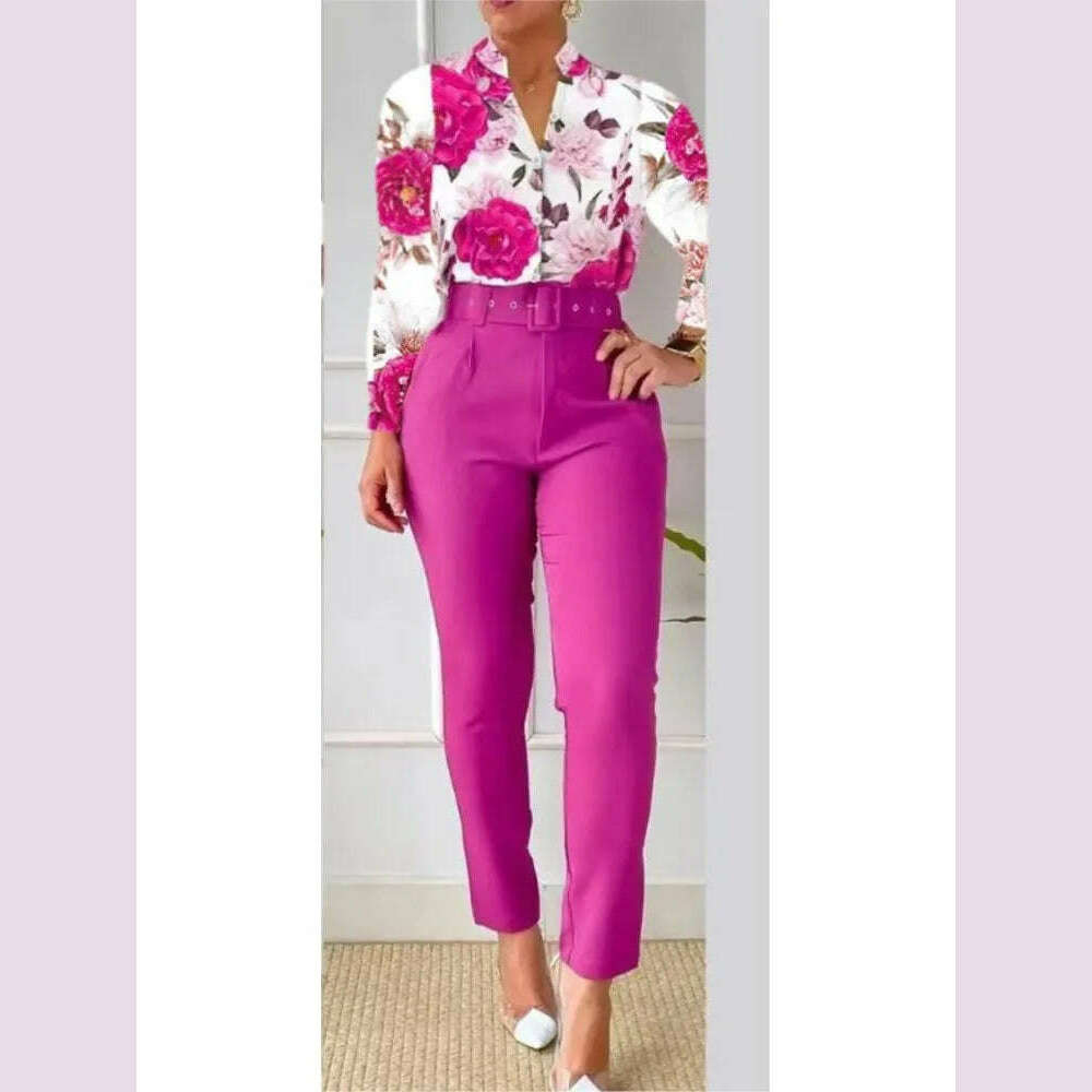 Fashion Printed Long Sleeved Shirt Women Suit Spring Autumn Slim Fit Shirtlace Up Pencil Pants Elegant Female Office 2 Piece Set - KIMLUD