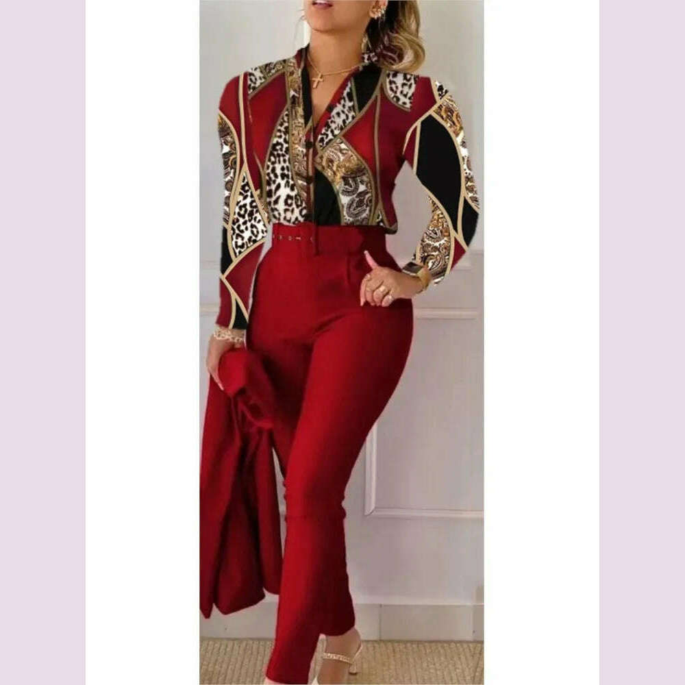 KIMLUD, Fashion Printed Long Sleeved Shirt Women Suit Spring Autumn Slim Fit Shirtlace Up Pencil Pants Elegant Female Office 2 Piece Set, Claret / XXL, KIMLUD APPAREL - Womens Clothes