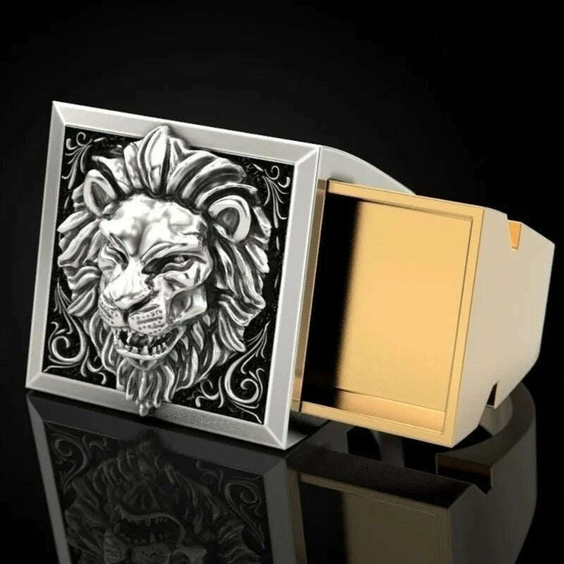 KIMLUD, Fashion Punk Domineering Lion Head Men's Ring Creative Storage Finger Link Day Friendship Jewelry, KIMLUD Womens Clothes