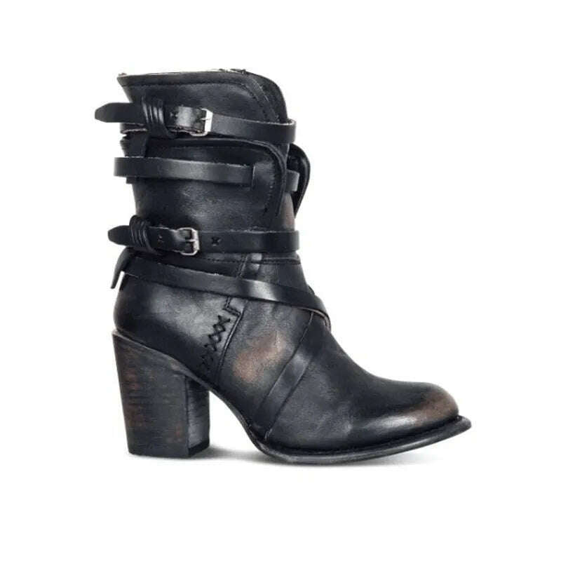 KIMLUD, Fashion Punk Gothic Style Buckle Strap Round Toe Boots Women Shoes Zipper Boots Street haulage motor mujer zapatos 2019, KIMLUD Womens Clothes