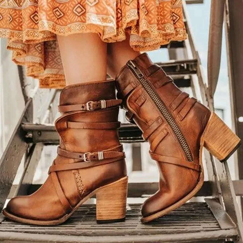 KIMLUD, Fashion Punk Gothic Style Buckle Strap Round Toe Boots Women Shoes Zipper Boots Street haulage motor mujer zapatos 2019, Red-brown / 10, KIMLUD APPAREL - Womens Clothes