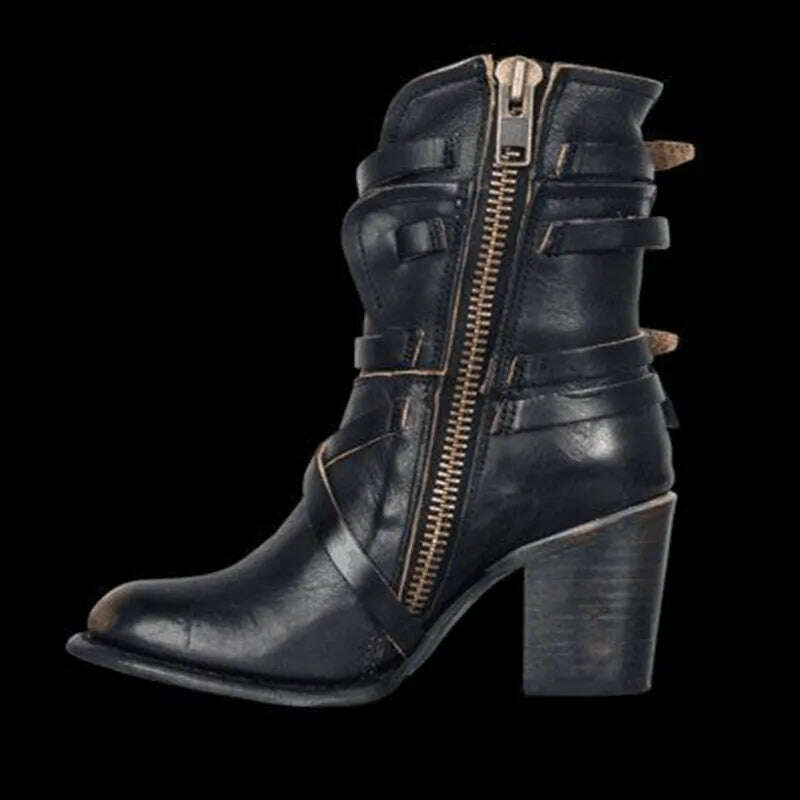 KIMLUD, Fashion Punk Gothic Style Buckle Strap Round Toe Boots Women Shoes Zipper Boots Street haulage motor mujer zapatos 2019, KIMLUD Womens Clothes