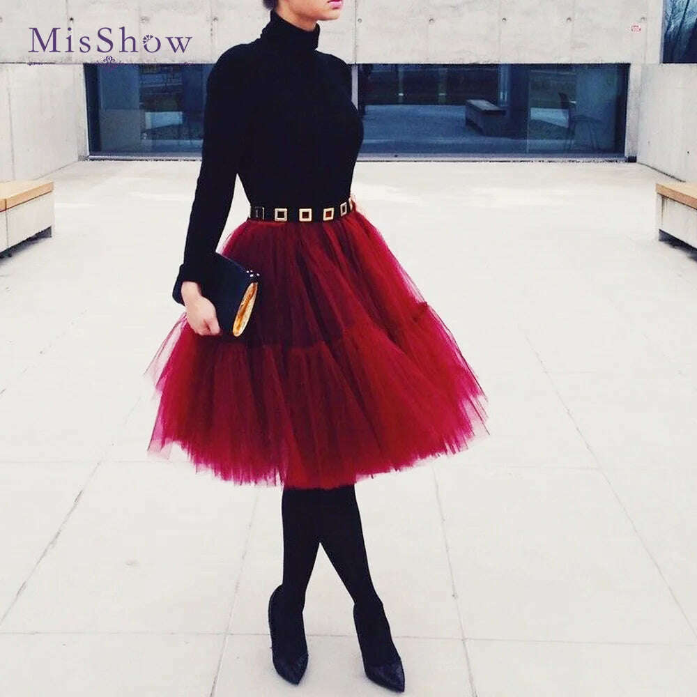 Fashion Red Multi-Layers Tulle Skirts Women Elastic Waist Puffy Knee Length Tutu Petticoat Lolita Cosplay Underskirt Jupons - KIMLUD