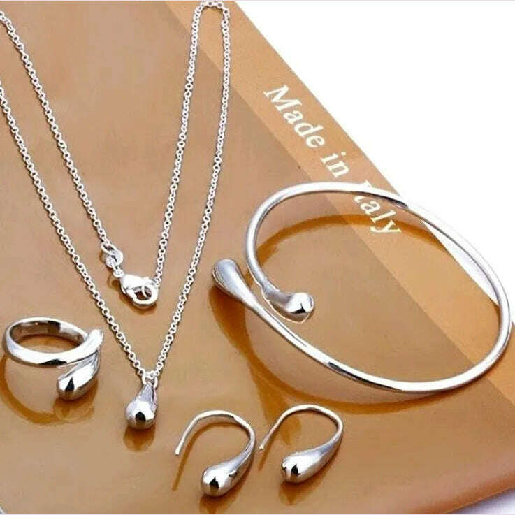 Fashion S925 Silver Needle Earrings Ring Bracelet Set Simple Personality Womens Water Drop Four-piece Jewelry Set for Women Gift - KIMLUD