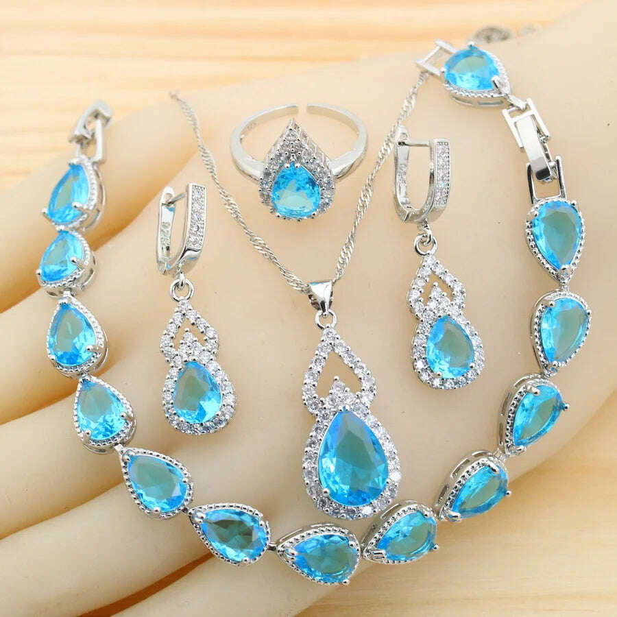 KIMLUD, Fashion Sky Blue Water Drop Zirconia 925 Silver Jewelry Sets for Women Earrings Necklace Pendant Ring Bracelet Wedding Gift, KIMLUD Womens Clothes