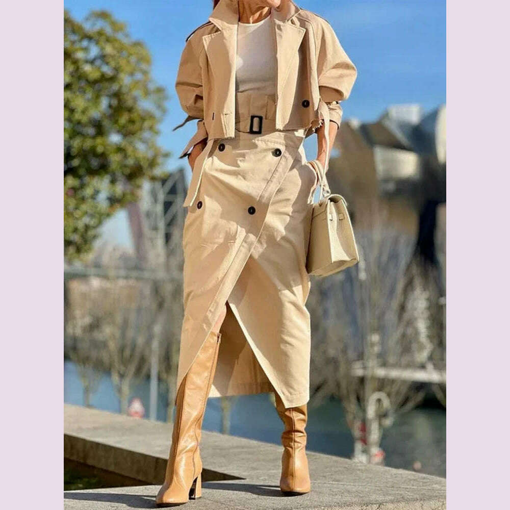 KIMLUD, Fashion Two Piece Sets Outfits Office Lady Tracksuit Street Wear Cargo Set Long Sleeve Jacket and Wrap High Split Skirts Suit, Khaki / XL, KIMLUD APPAREL - Womens Clothes