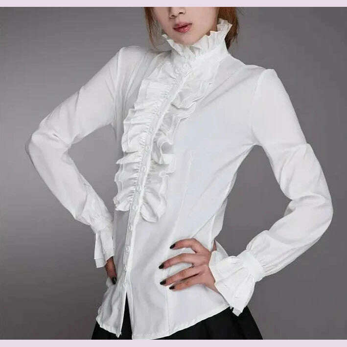 KIMLUD, Fashion Victorian Blouses Women OL Office Ladies White Shirt High Neck Frill Ruffle Cuffs Shirts Female Blouse, KIMLUD Womens Clothes