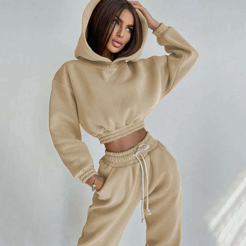 KIMLUD, Fashion Women's Clothes Solid Color Casual Hooded Short Hoodie Girdling Drawstring Sweatpants Suit 2 Piece Sets Women Outfit, Camel / S / CHINA, KIMLUD APPAREL - Womens Clothes