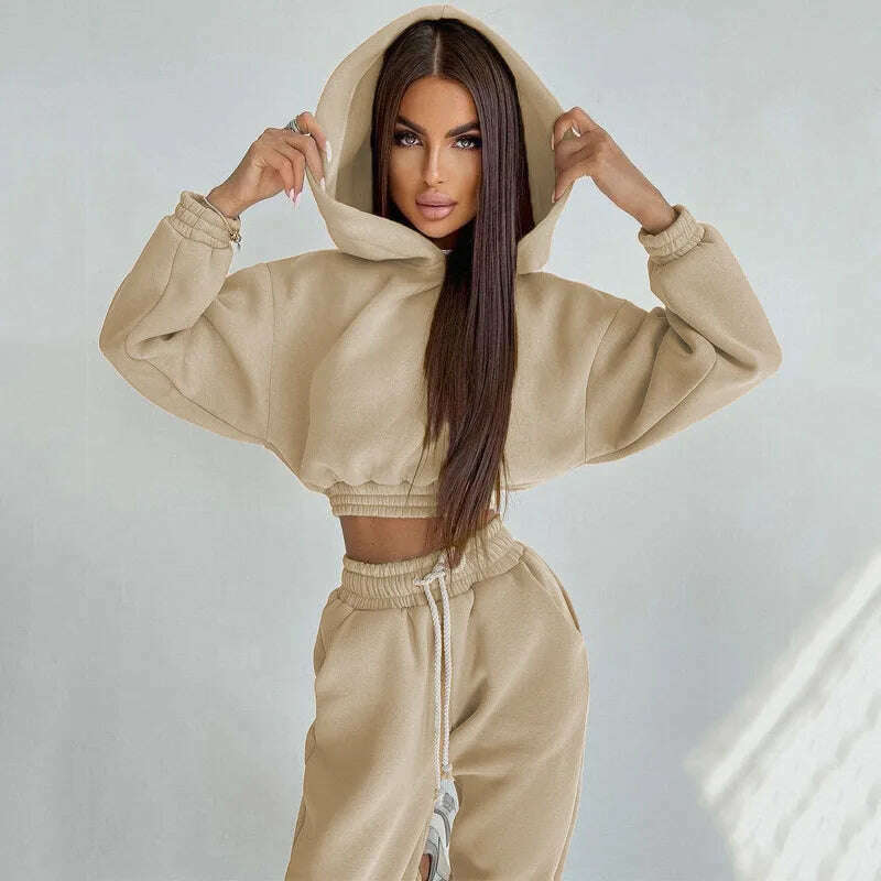 KIMLUD, Fashion Women's Clothes Solid Color Casual Hooded Short Hoodie Girdling Drawstring Sweatpants Suit 2 Piece Sets Women Outfit, KIMLUD Womens Clothes